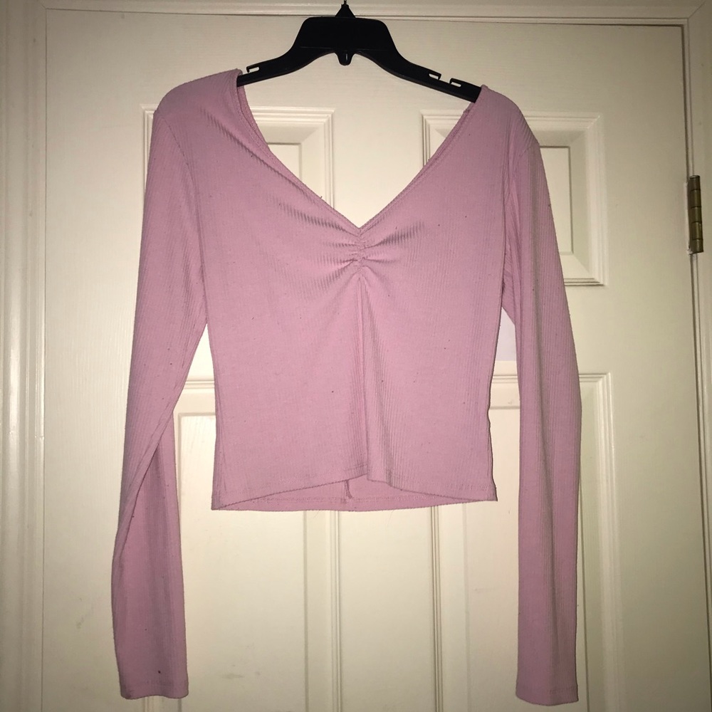 PACSUN LIGHT PINK RIBBED V NECK LONG SLEEVE